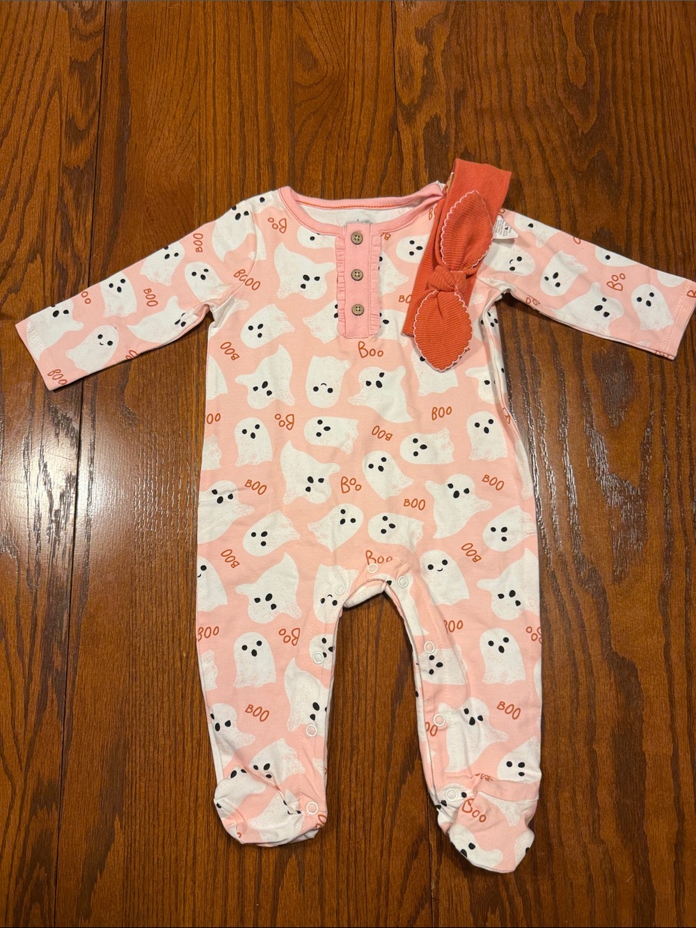 Pink Ghost-Print Footed One-Piece with Headband